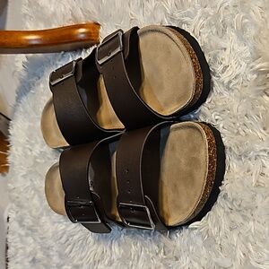 Brown Double‎ Buckle Slide Sandals Comfort Cork Footbed Casual Shoes